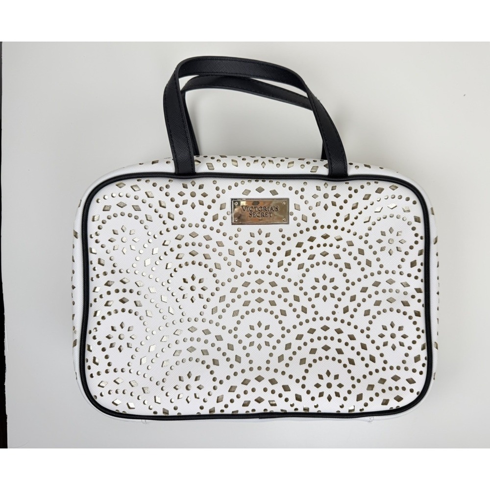 Victoria's Secret White Faux Leather Makeup Bag Laser Cut Zipper Handle